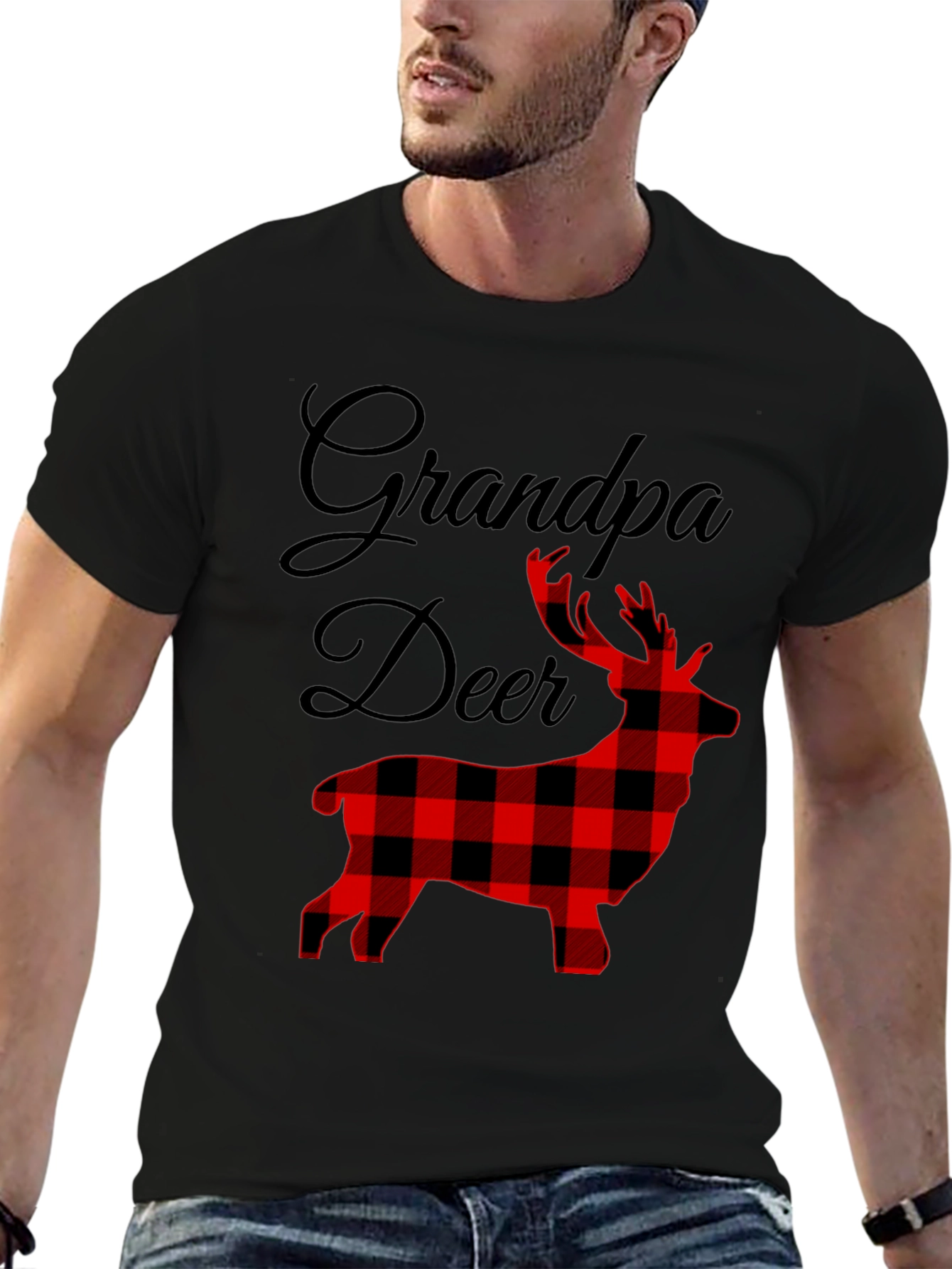 Grandpa Deer Plaid Graphic T-Shirt