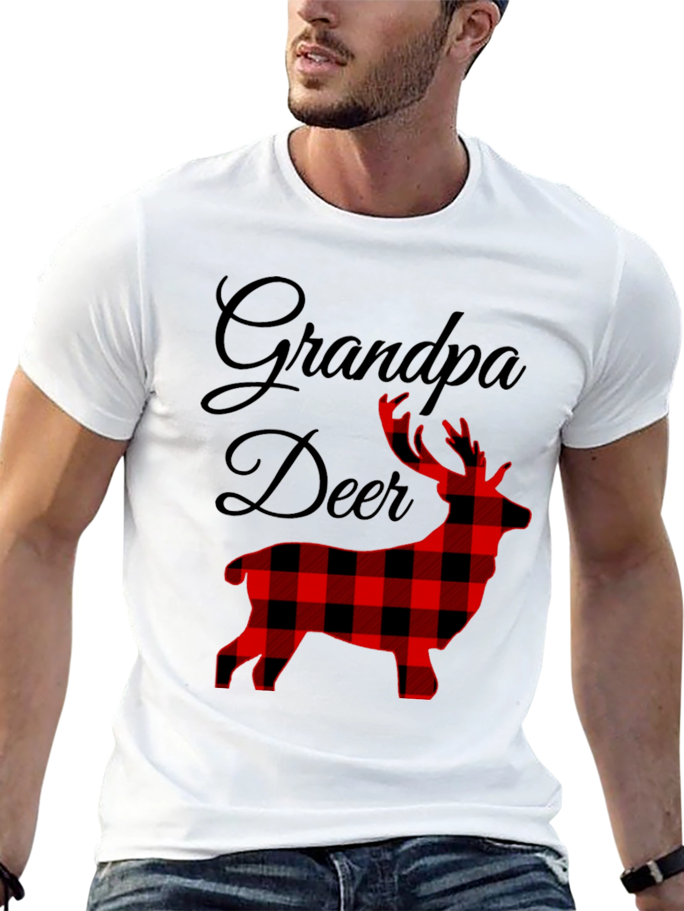 Grandpa Deer Plaid Graphic T-Shirt