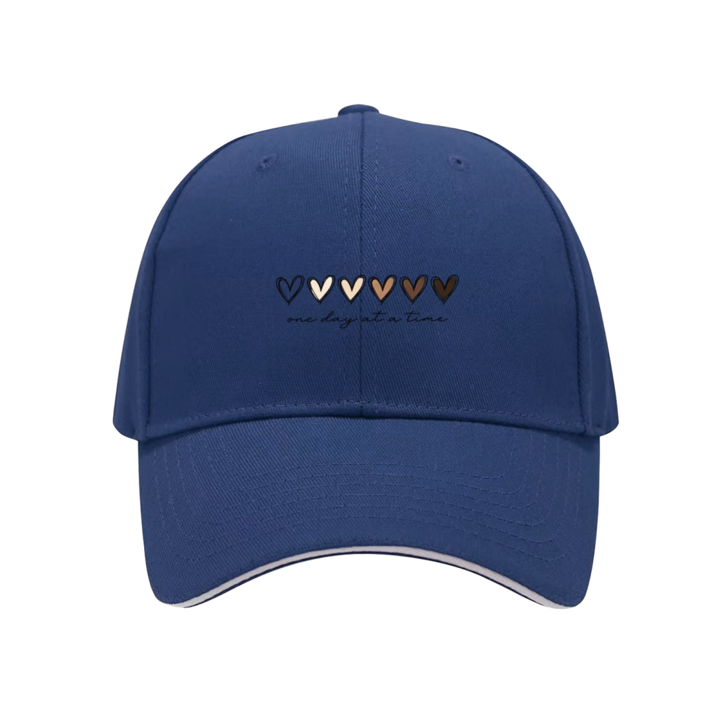 Skin Tone Gradient Hearts White Sandwich Baseball Cap, One Day At A Time Inspirational Hat