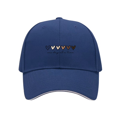 Skin Tone Gradient Hearts White Sandwich Baseball Cap, One Day At A Time Inspirational Hat