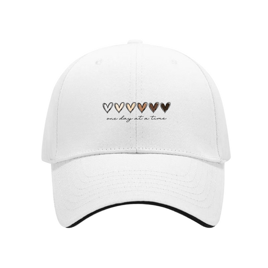 Skin Tone Gradient Hearts White Sandwich Baseball Cap, One Day At A Time Inspirational Hat