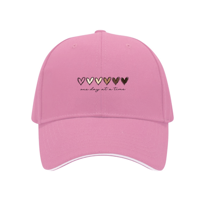 Skin Tone Gradient Hearts White Sandwich Baseball Cap, One Day At A Time Inspirational Hat
