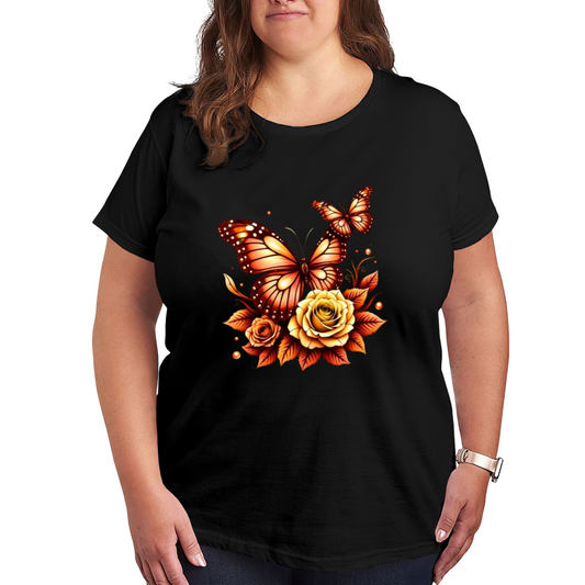 Golden Orange Roses & Monarch Butterflies Autumn Plus Size Women Printed T-Shirt