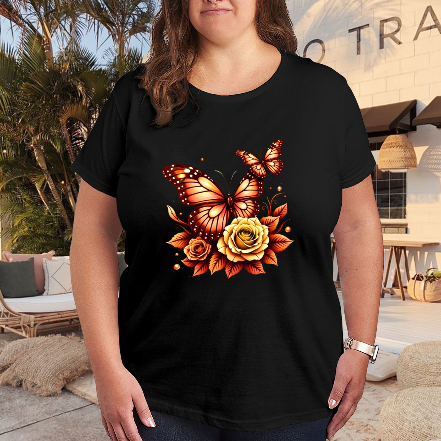 Golden Orange Roses & Monarch Butterflies Autumn Plus Size Women Printed T-Shirt