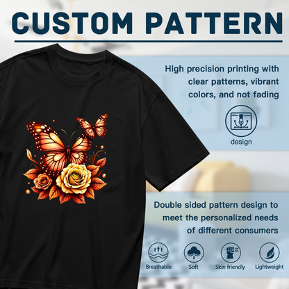 Golden Orange Roses & Monarch Butterflies Autumn Plus Size Women Printed T-Shirt