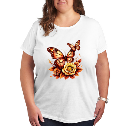 Golden Orange Roses & Monarch Butterflies Autumn Plus Size Women Printed T-Shirt