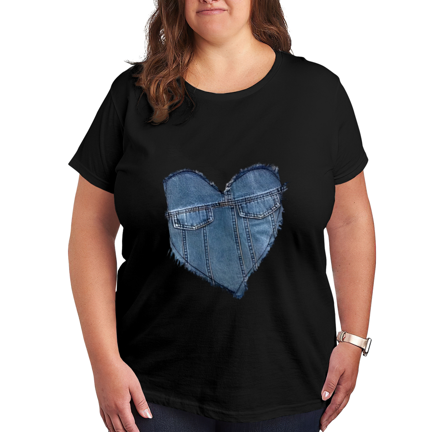 Vintage Frayed Denim Heart Shape Cute Graphic Plus Size Women Printed T-Shirt