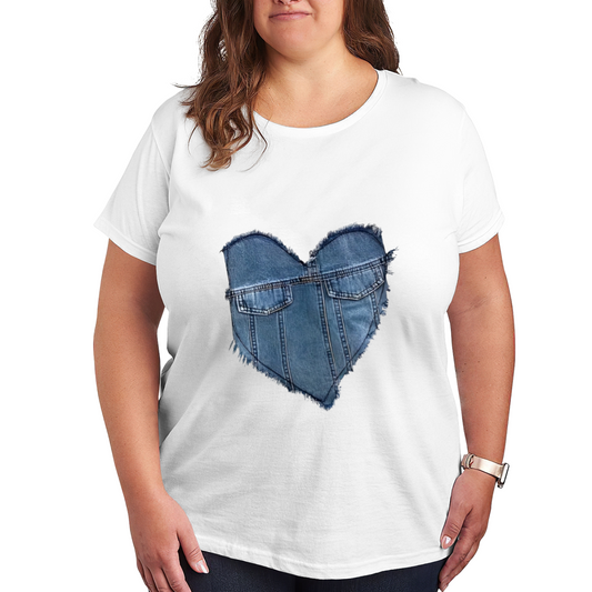 Vintage Frayed Denim Heart Shape Cute Graphic Plus Size Women Printed T-Shirt