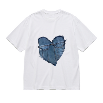 Vintage Frayed Denim Heart Shape Cute Graphic Plus Size Women Printed T-Shirt