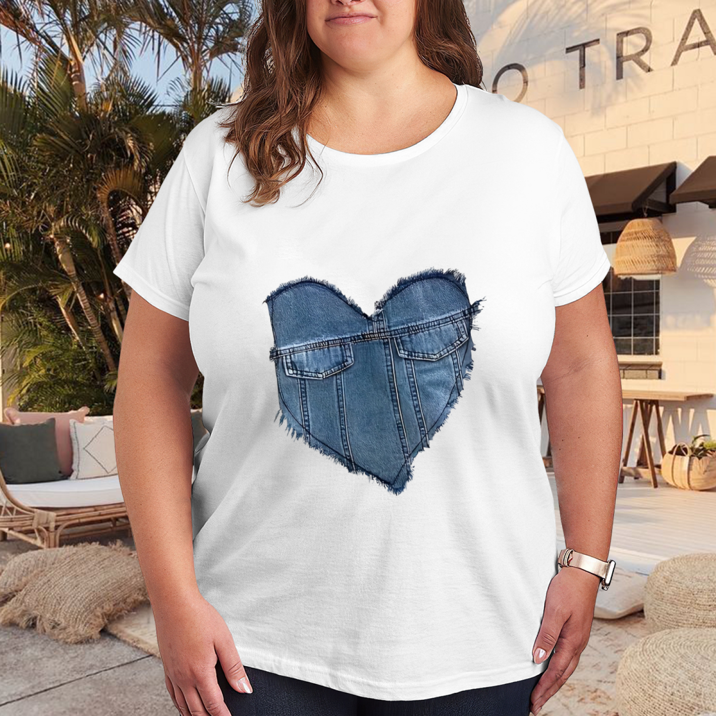 Vintage Frayed Denim Heart Shape Cute Graphic Plus Size Women Printed T-Shirt