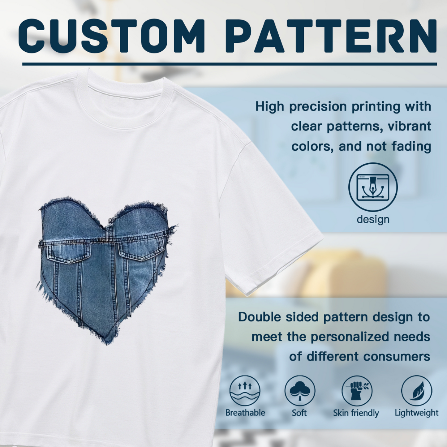 Vintage Frayed Denim Heart Shape Cute Graphic Plus Size Women Printed T-Shirt