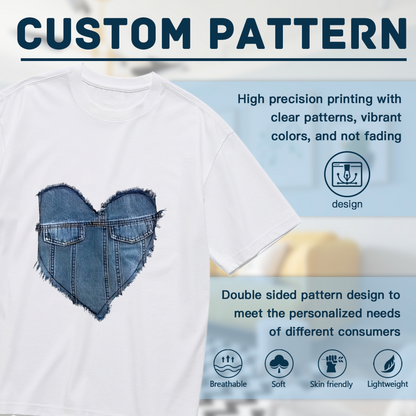 Vintage Frayed Denim Heart Shape Cute Graphic Plus Size Women Printed T-Shirt