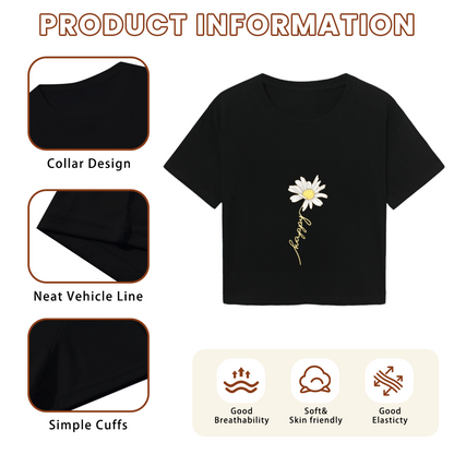 Minimal Daisy Handwriting Black Crop Top ¨C Aesthetic Floral Graphic  Tee