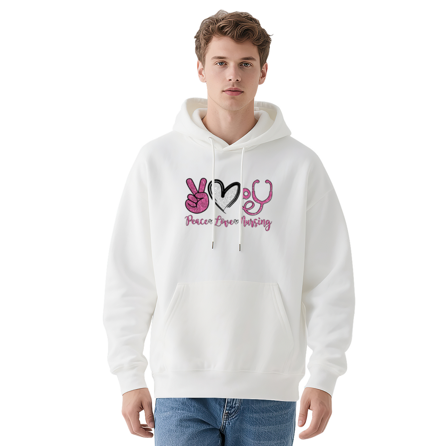 Peace Love Nursing Nurse Theme Cute Graphic Hoodie, Cozy Unisex Daily Hooded Top