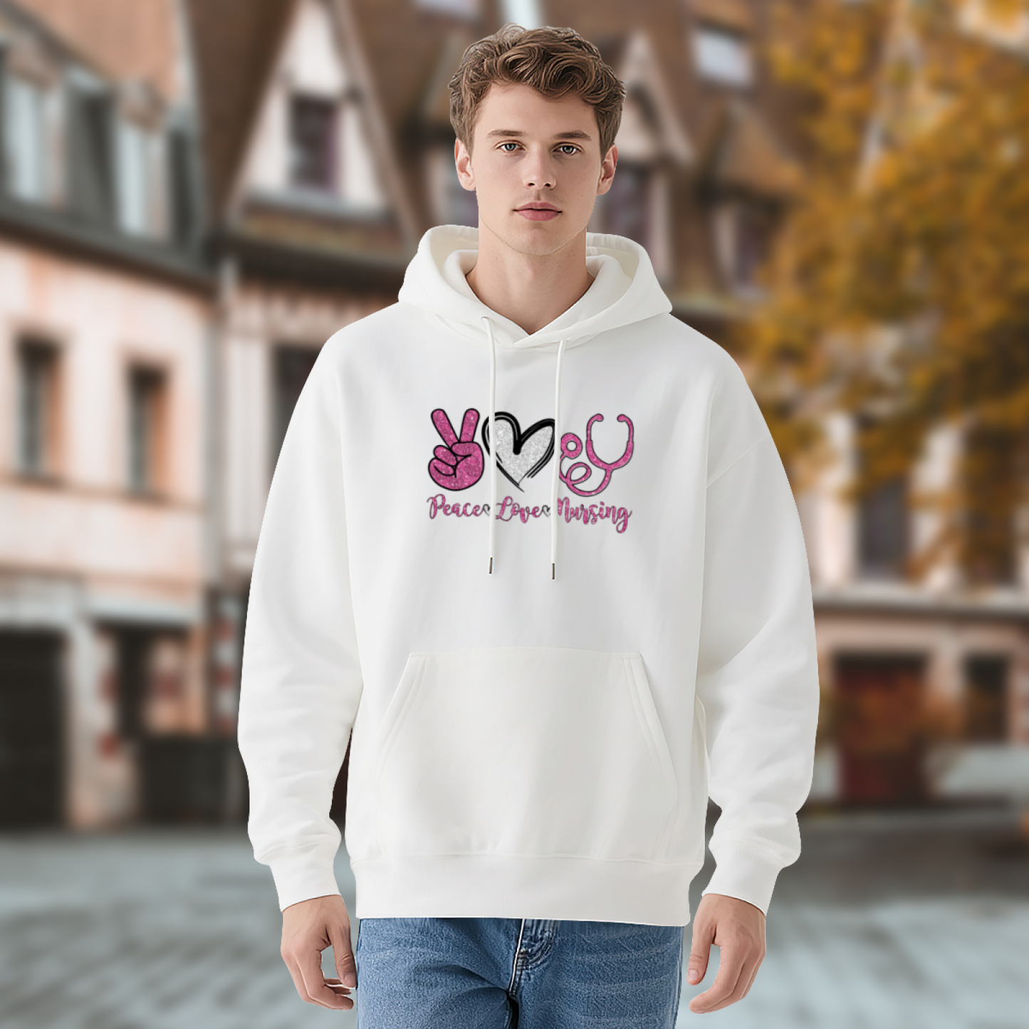 Peace Love Nursing Nurse Theme Cute Graphic Hoodie, Cozy Unisex Daily Hooded Top