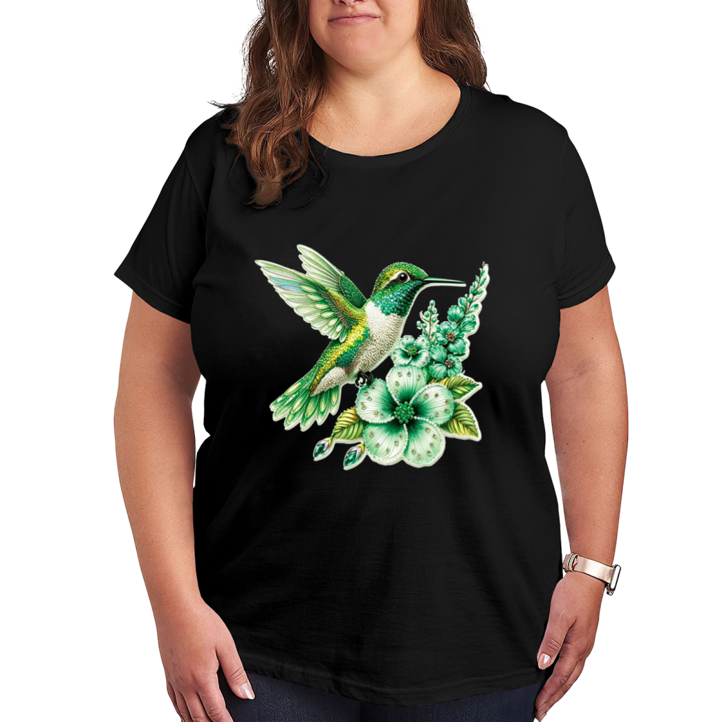 Sparkly Green Hummingbird Floral Plus Size Ladies Tee