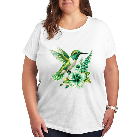 Sparkly Green Hummingbird Floral Plus Size Ladies Tee
