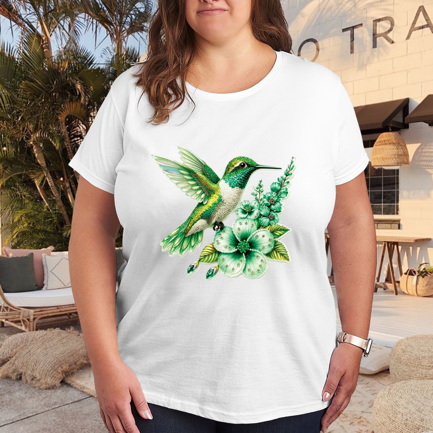 Sparkly Green Hummingbird Floral Plus Size Ladies Tee