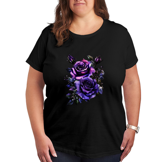 Moody Dark Purple Rose Black Background Plus Size Women Printed T-Shirt