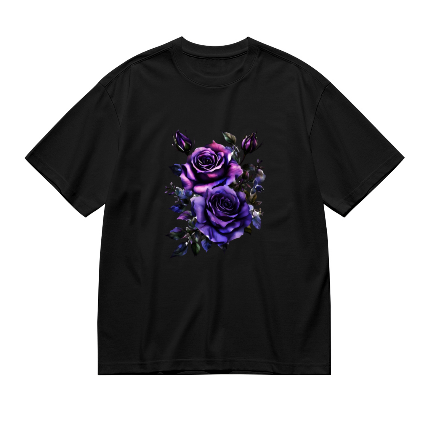 Moody Dark Purple Rose Black Background Plus Size Women Printed T-Shirt