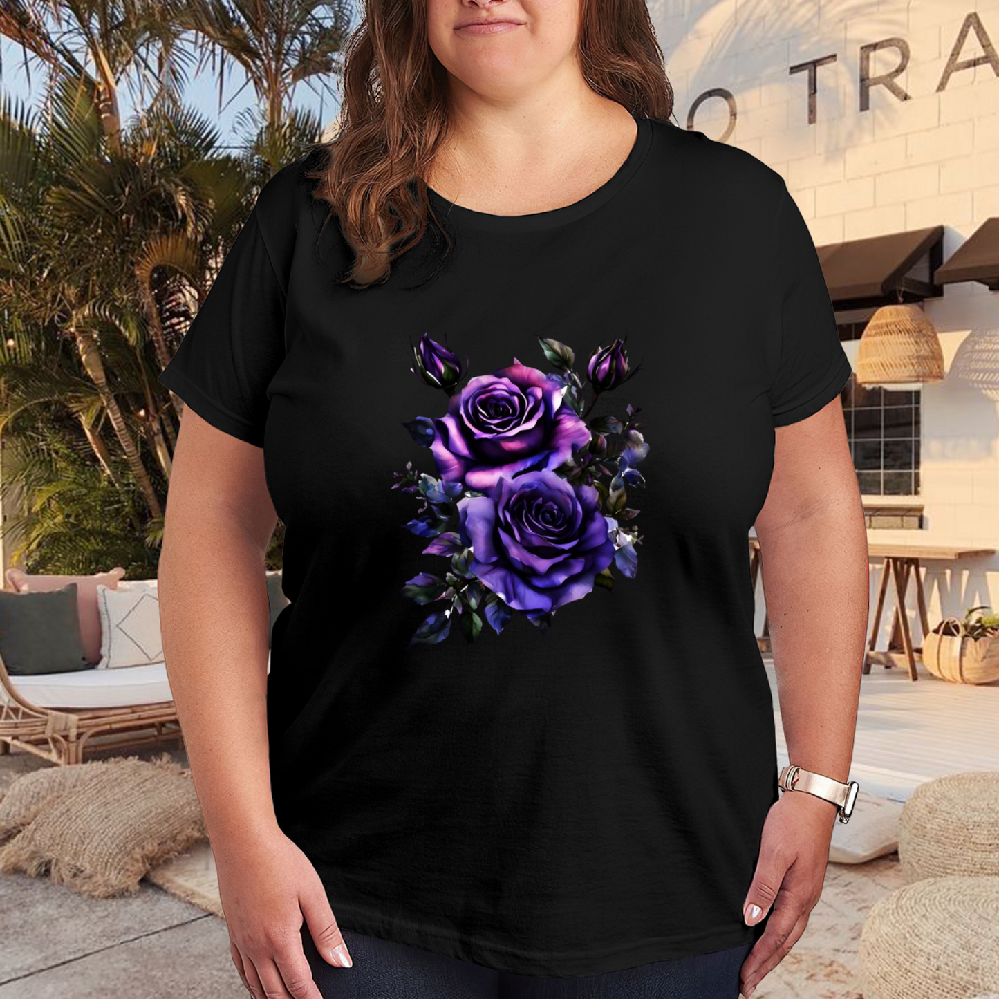 Moody Dark Purple Rose Black Background Plus Size Women Printed T-Shirt