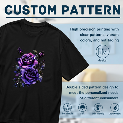 Moody Dark Purple Rose Black Background Plus Size Women Printed T-Shirt