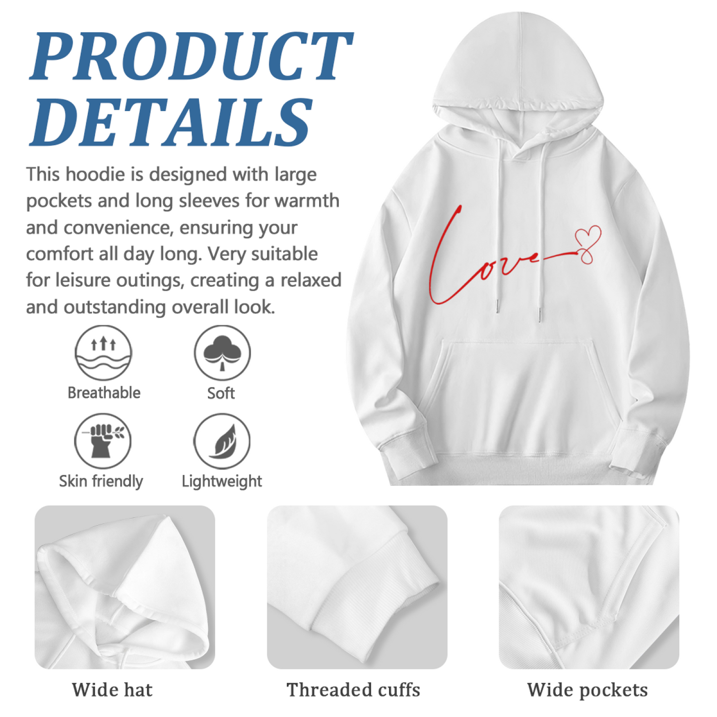 Elegant Cursive Love Line Heart Print Hoodie, Unisex Gentle Comfort Pullover