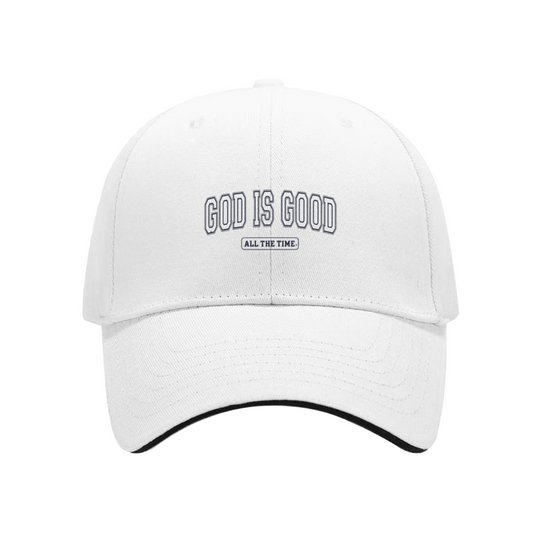 God Is Good All The Time Faith Quote White Sandwich Brim Baseball Cap, Religious Casual Hat