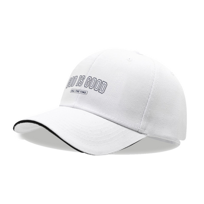 God Is Good All The Time Faith Quote White Sandwich Brim Baseball Cap, Religious Casual Hat