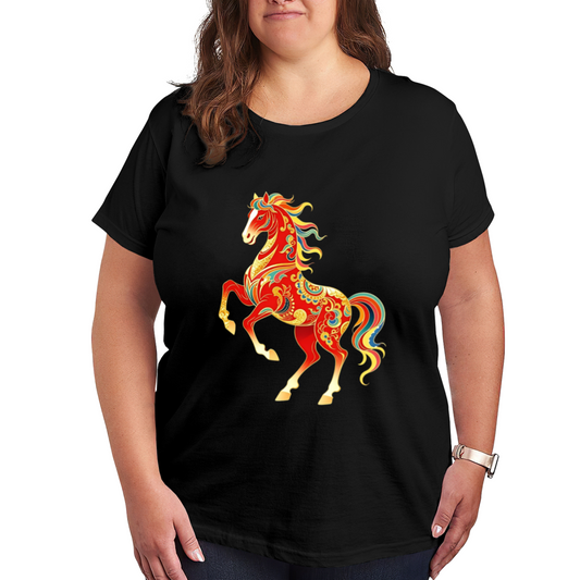 Vibrant Chinese Style Lucky Red Horse Art Plus Size Women Graphic Print T-Shirt