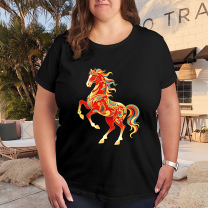 Vibrant Chinese Style Lucky Red Horse Art Plus Size Women Graphic Print T-Shirt