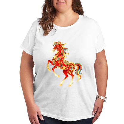 Vibrant Chinese Style Lucky Red Horse Art Plus Size Women Graphic Print T-Shirt