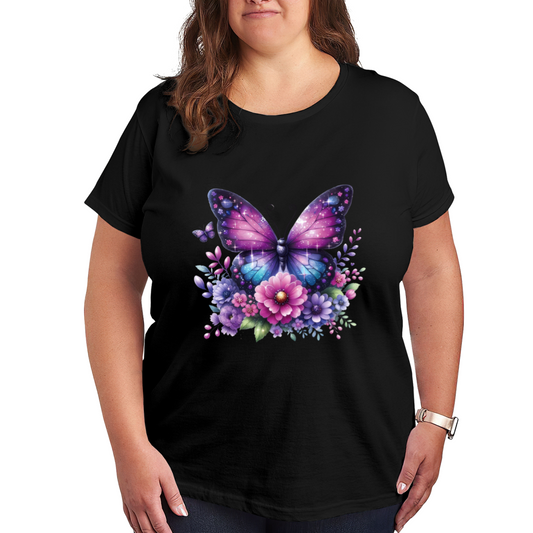 Galaxy Glitter Butterfly & Colorful Wildflowers Dreamy Plus Size Women Printed T-Shirt