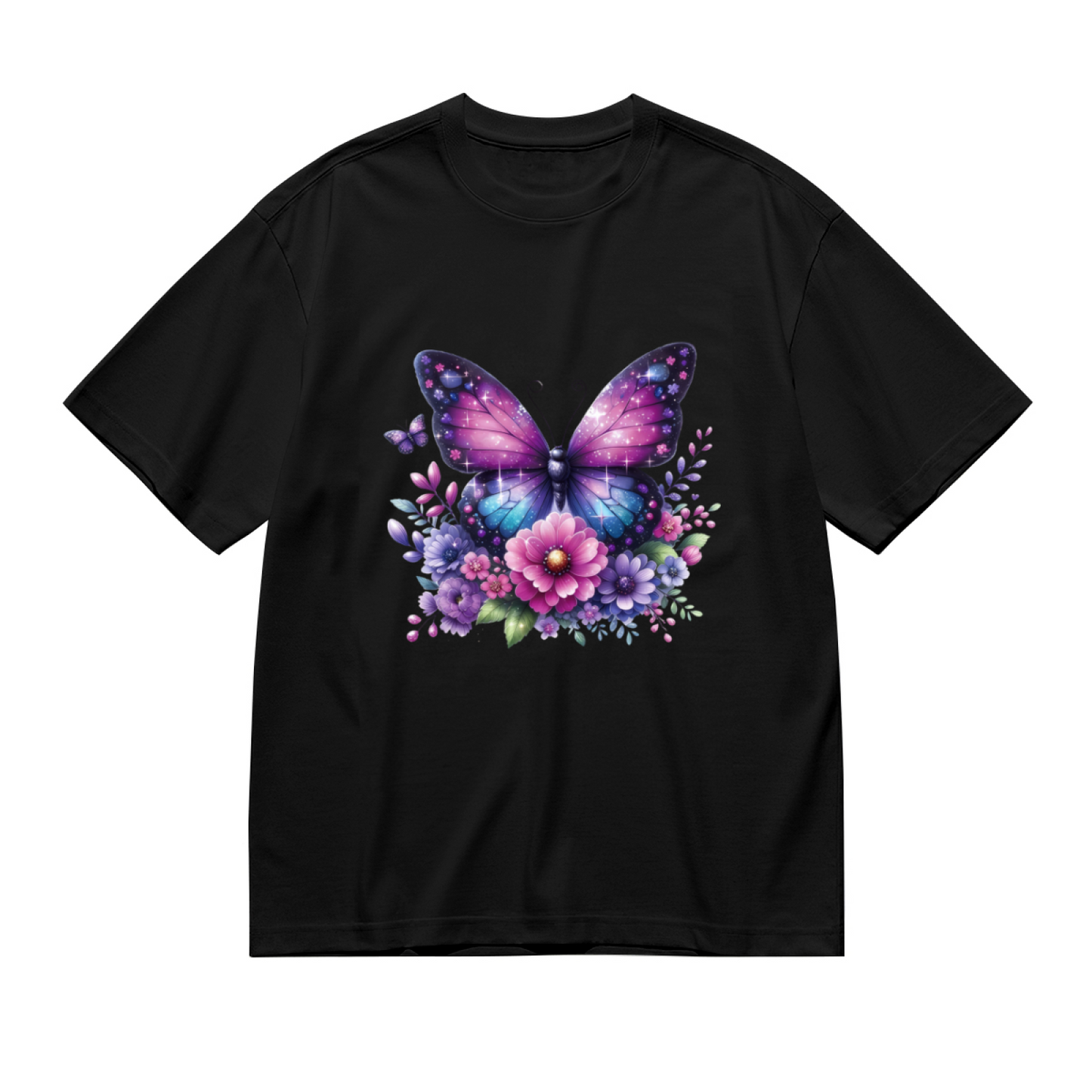 Galaxy Glitter Butterfly & Colorful Wildflowers Dreamy Plus Size Women Printed T-Shirt