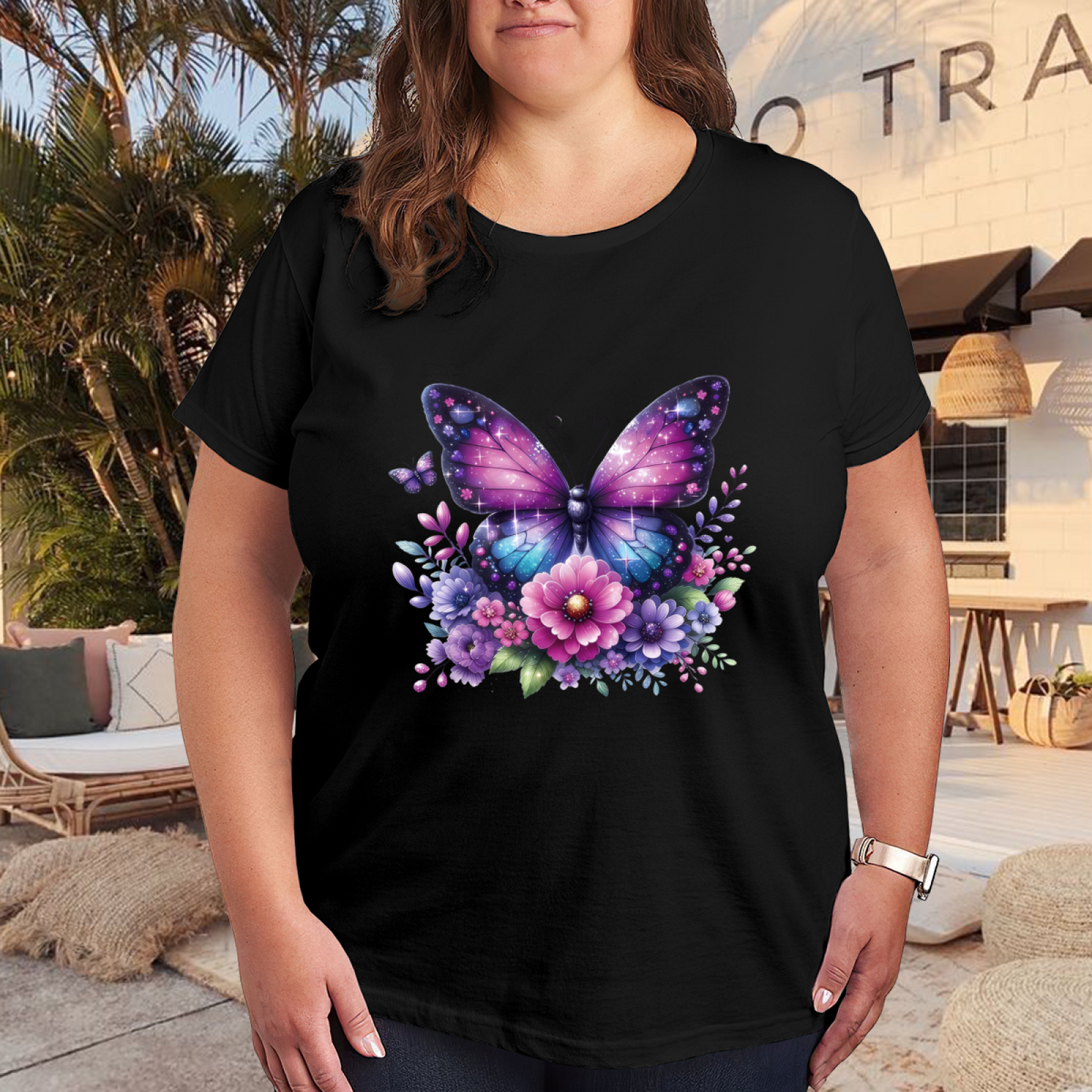 Galaxy Glitter Butterfly & Colorful Wildflowers Dreamy Plus Size Women Printed T-Shirt
