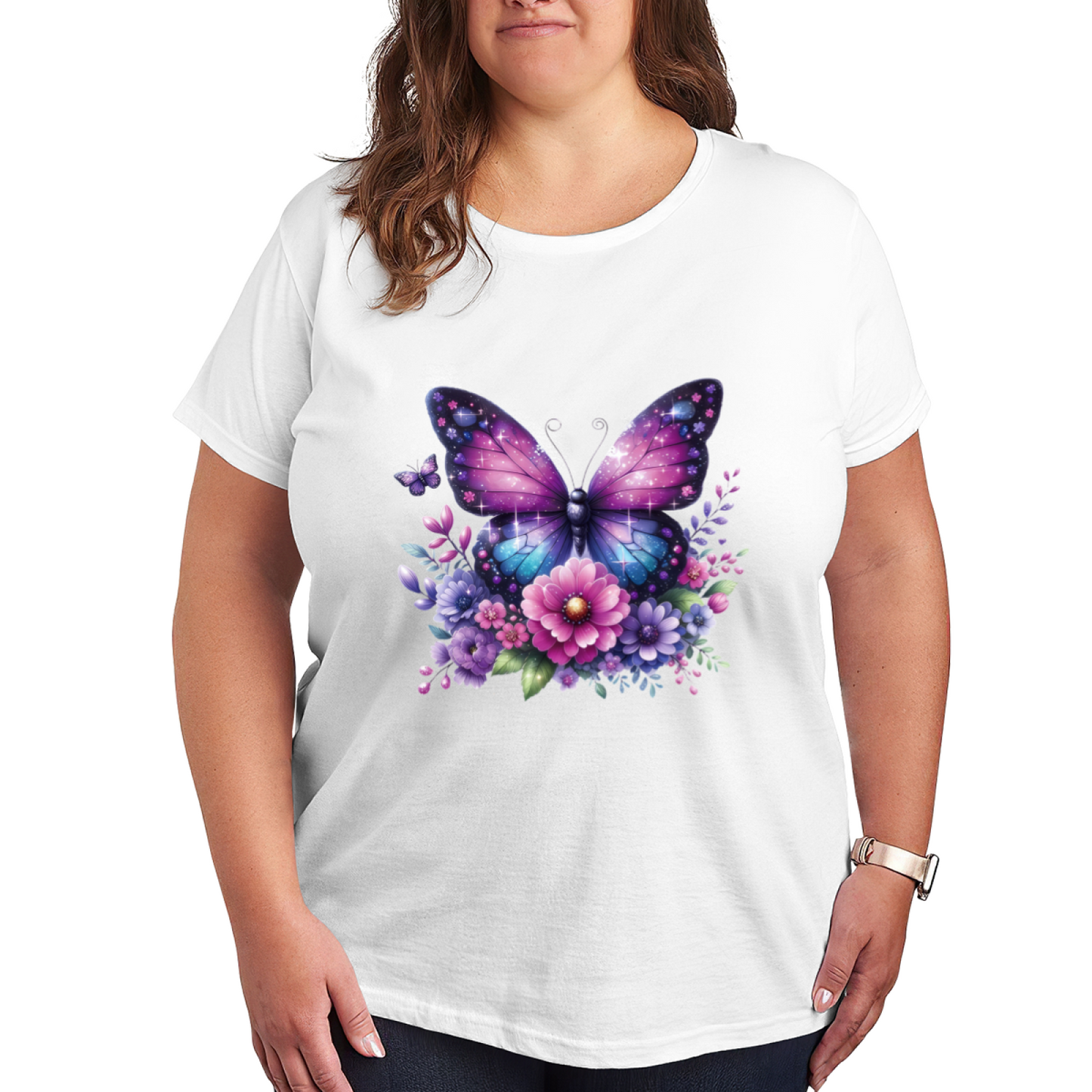 Galaxy Glitter Butterfly & Colorful Wildflowers Dreamy Plus Size Women Printed T-Shirt