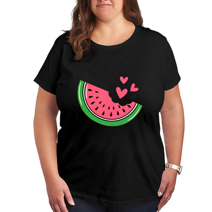 Cute Bitten Watermelon Pink Sweet Heart Summer White Plus Size Women Printed T-Shirt