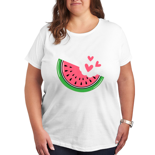 Cute Bitten Watermelon Pink Sweet Heart Summer White Plus Size Women Printed T-Shirt