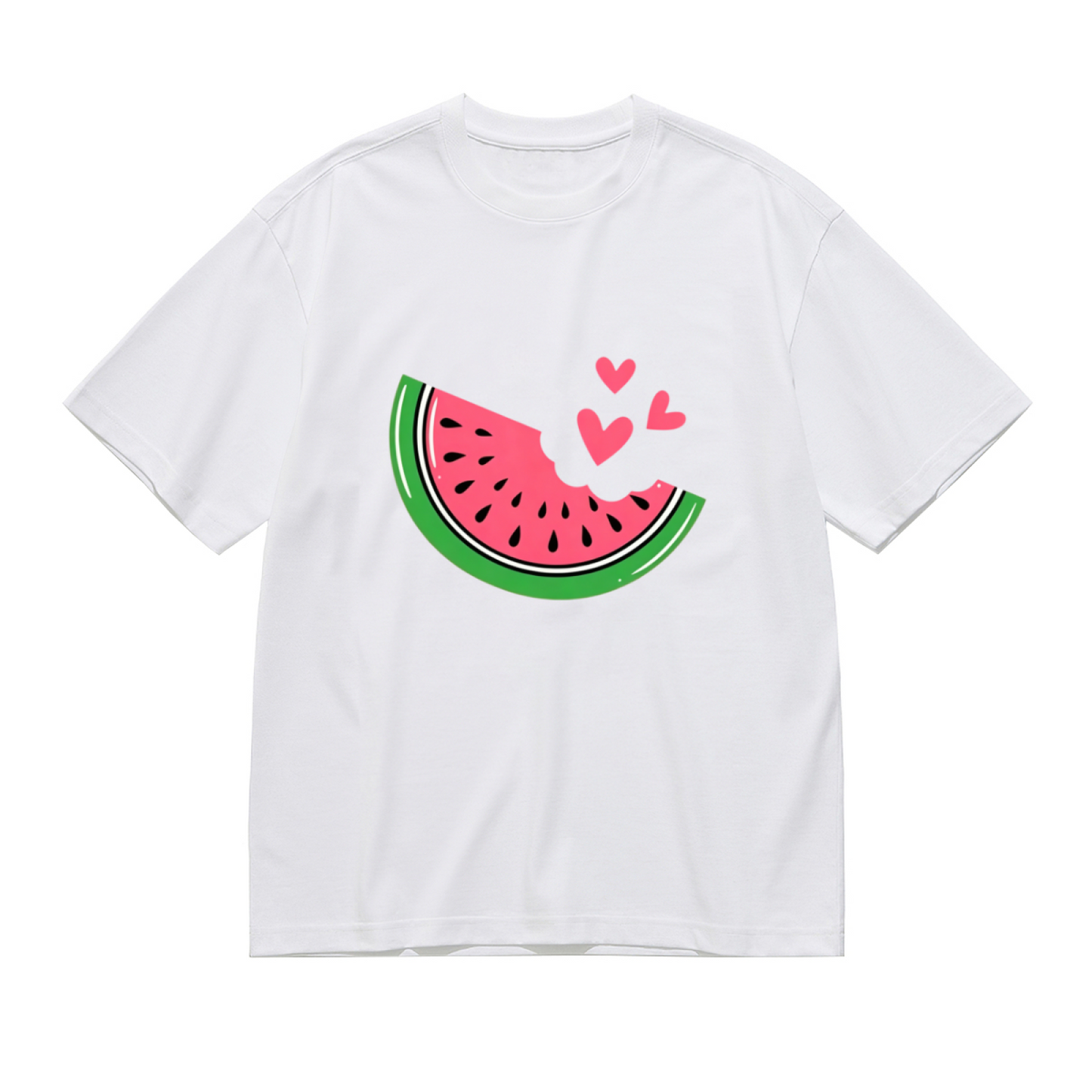Cute Bitten Watermelon Pink Sweet Heart Summer White Plus Size Women Printed T-Shirt