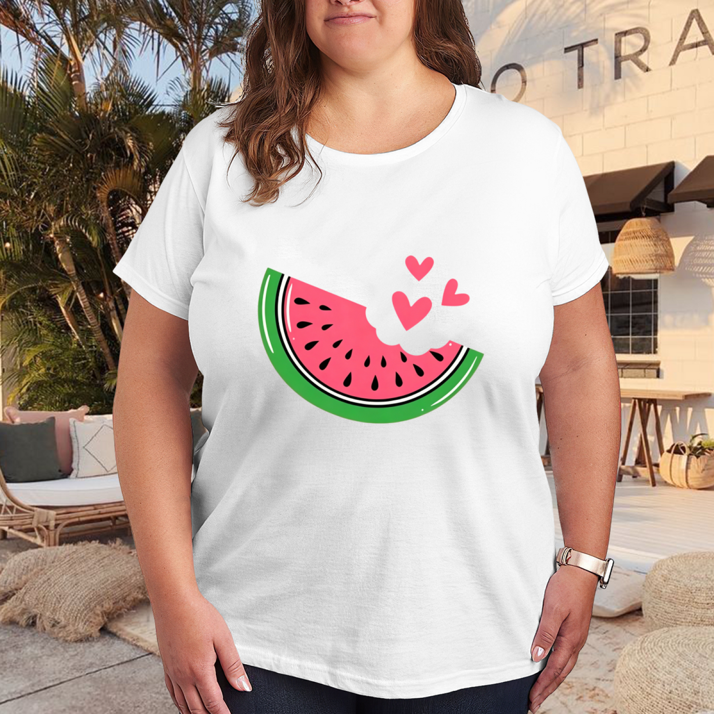 Cute Bitten Watermelon Pink Sweet Heart Summer White Plus Size Women Printed T-Shirt