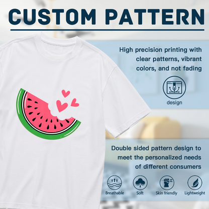 Cute Bitten Watermelon Pink Sweet Heart Summer White Plus Size Women Printed T-Shirt