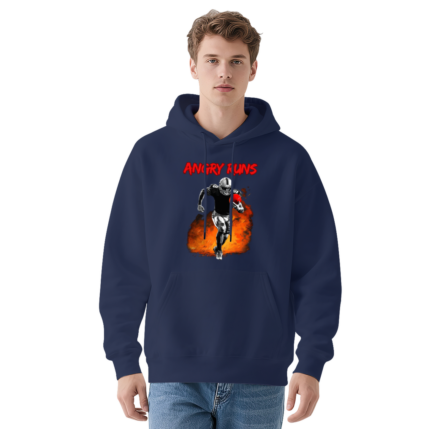 Angry Runs Fire Football Player Black Hoodie, Sporty Comfort Mens Hooded Top