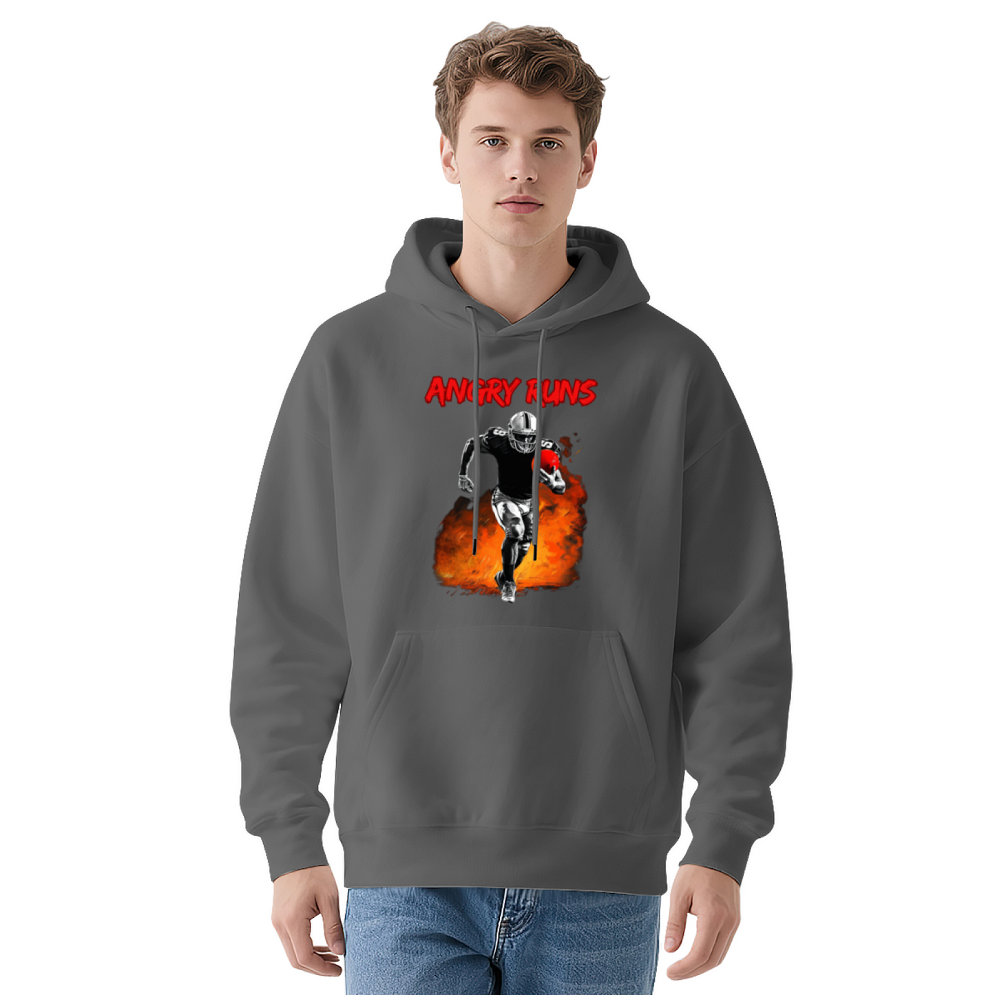 Angry Runs Fire Football Player Black Hoodie, Sporty Comfort Mens Hooded Top