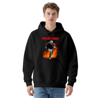 Angry Runs Fire Football Player Black Hoodie, Sporty Comfort Mens Hooded Top