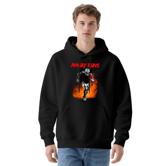 Angry Runs Fire Football Player Black Hoodie, Sporty Comfort Mens Hooded Top