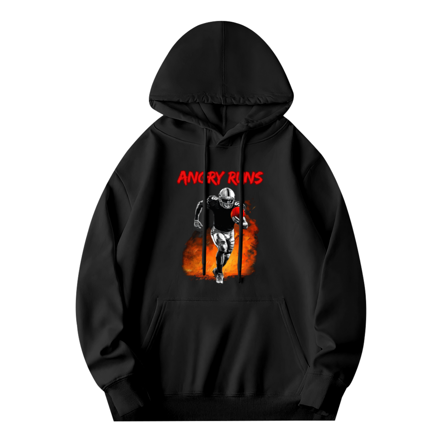 Angry Runs Fire Football Player Black Hoodie, Sporty Comfort Mens Hooded Top