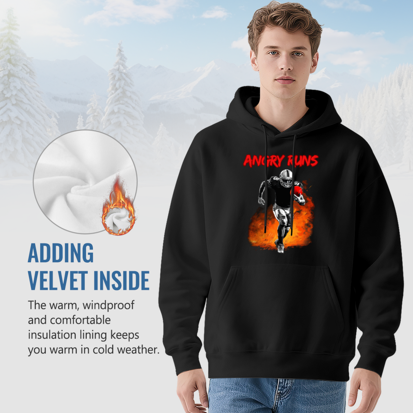 Angry Runs Fire Football Player Black Hoodie, Sporty Comfort Mens Hooded Top