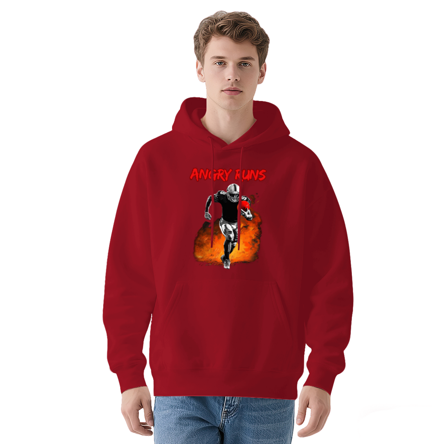 Angry Runs Fire Football Player Black Hoodie, Sporty Comfort Mens Hooded Top