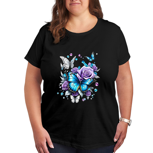 Shiny Crystal Blue Butterfly & Purple Roses Gem Art Plus Size Women Graphic Tee