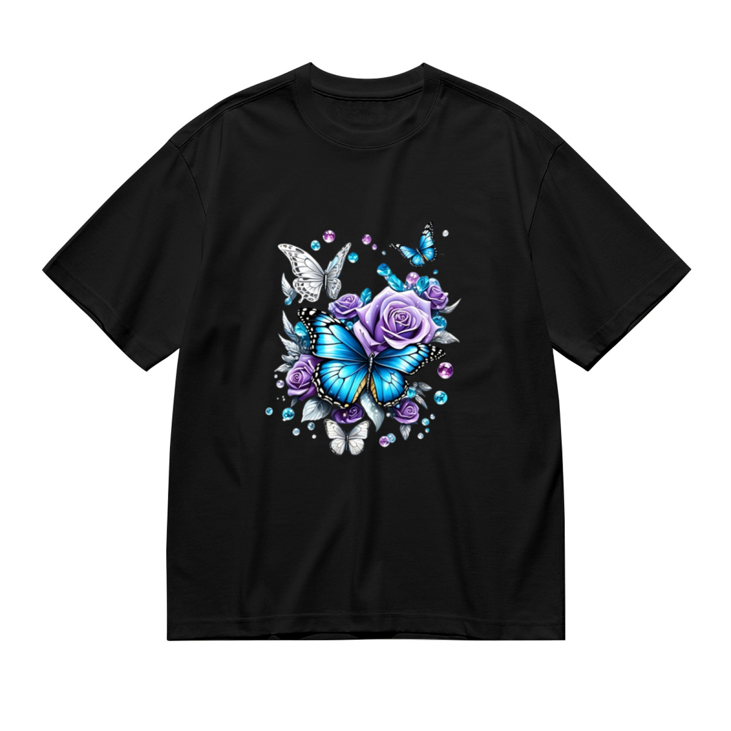 Shiny Crystal Blue Butterfly & Purple Roses Gem Art Plus Size Women Graphic Tee